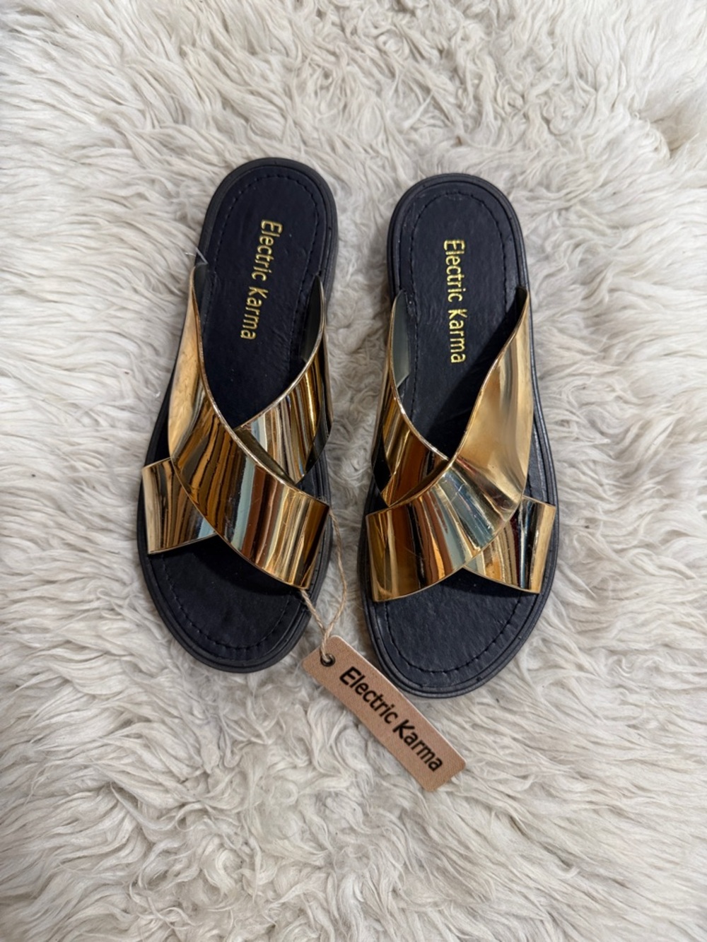 Electric Karma Metallic Gold Cross Boho Slide Sandals Size 9 NWT